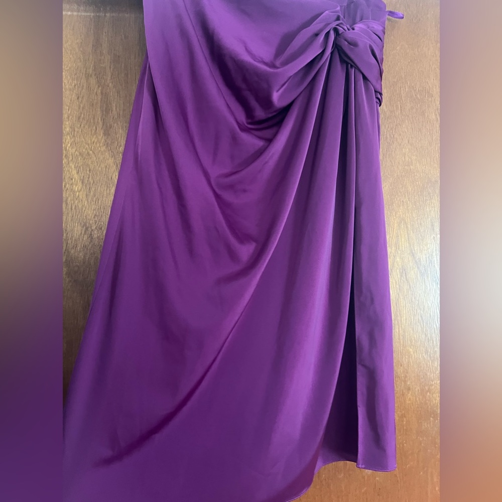 Purple satin midi skirt with flattering side gathers